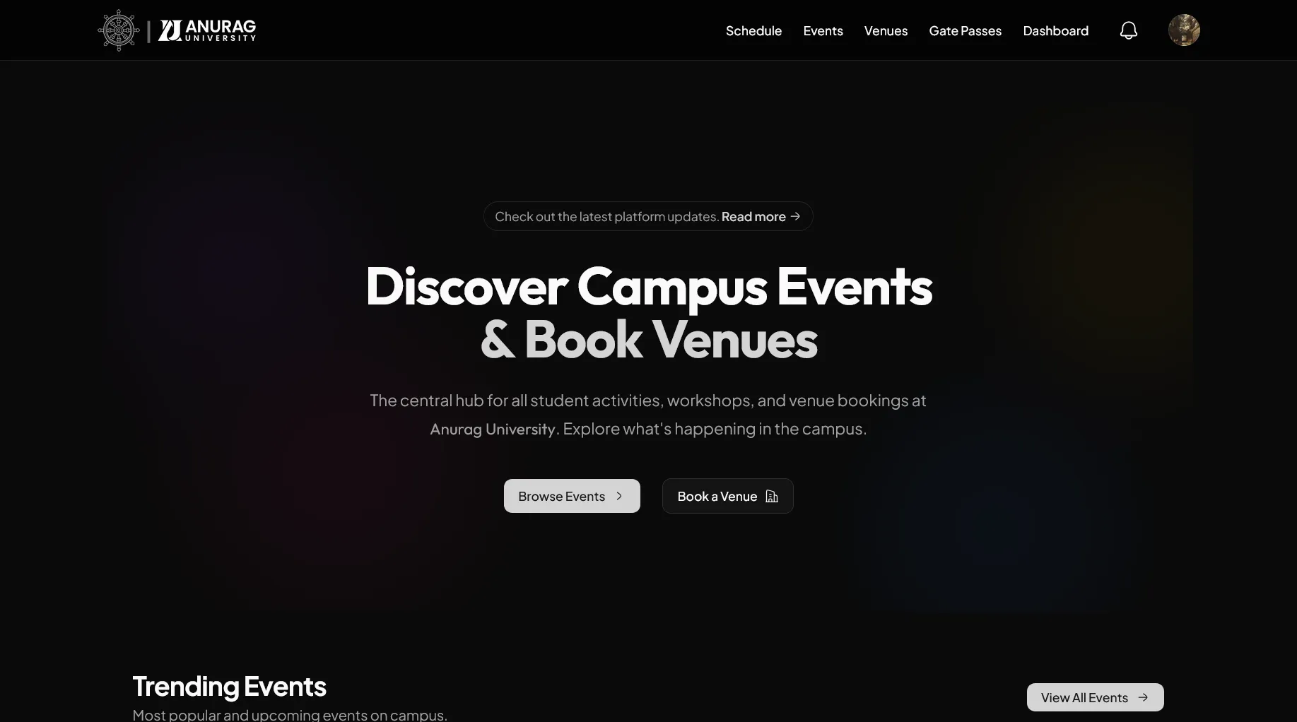 Karyakramah AU dark campus event and venue interface