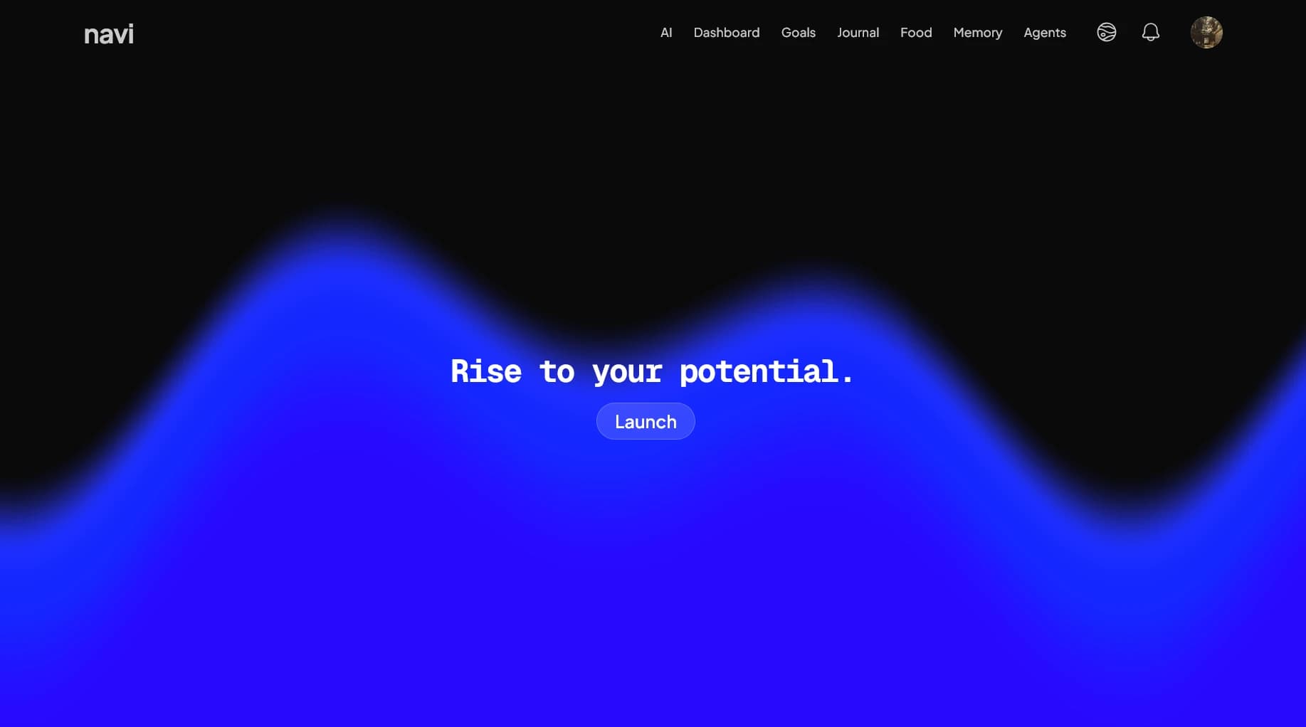 Navi dark homepage with a blue fluid landscape